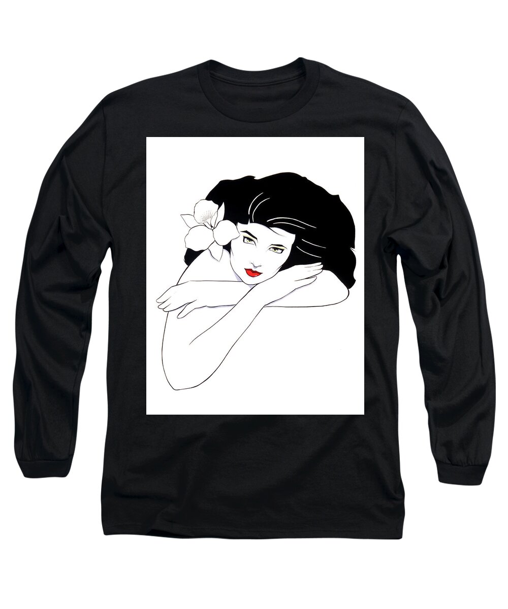Line Art Beauty B/w Style Grace Lovely Girl Flower Long Sleeve T-Shirt featuring the drawing Simple Beauty by Murry Whiteman