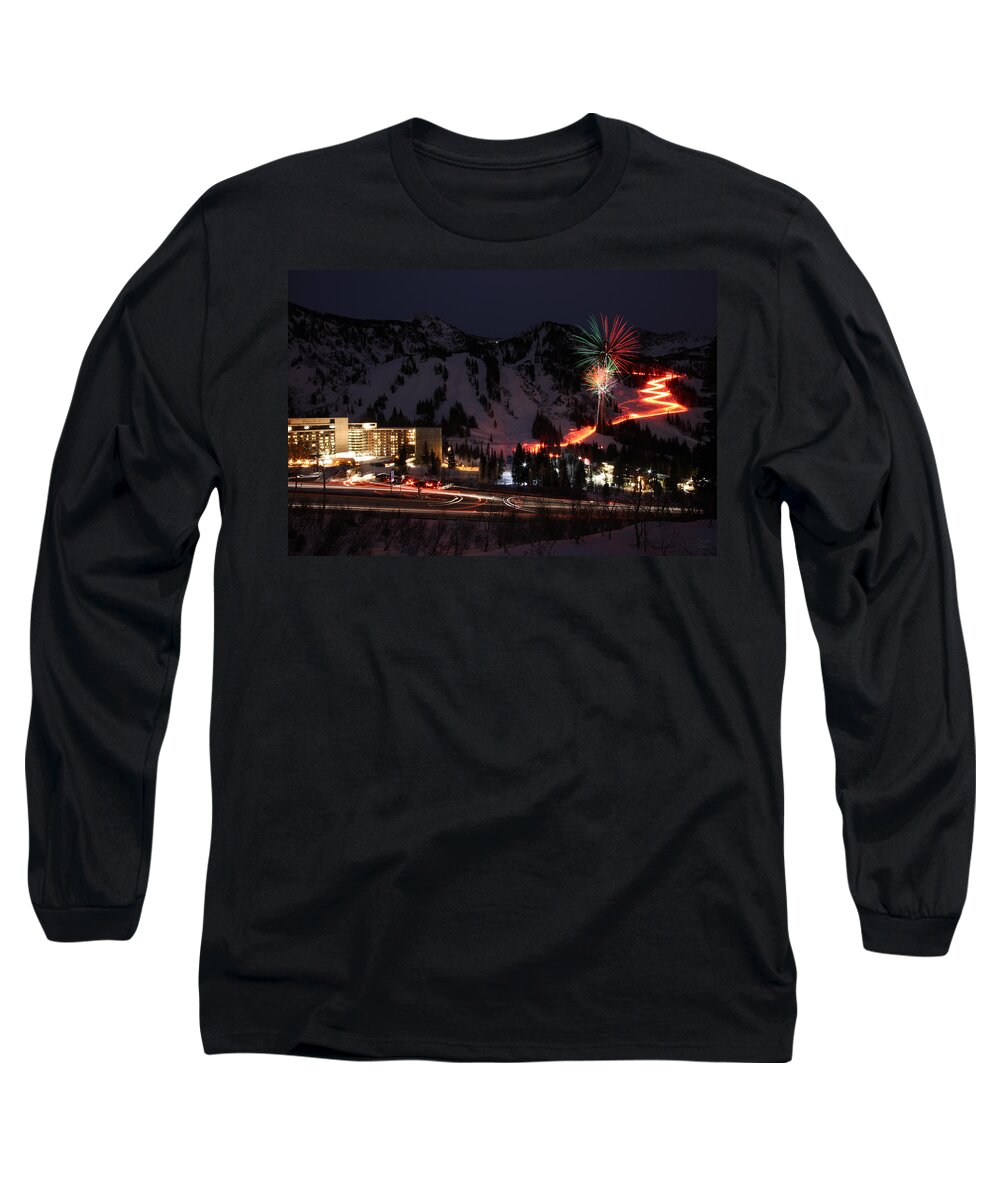 Landscape Long Sleeve T-Shirt featuring the photograph Snowbird Torchlight Parade and Firework by Brett Pelletier