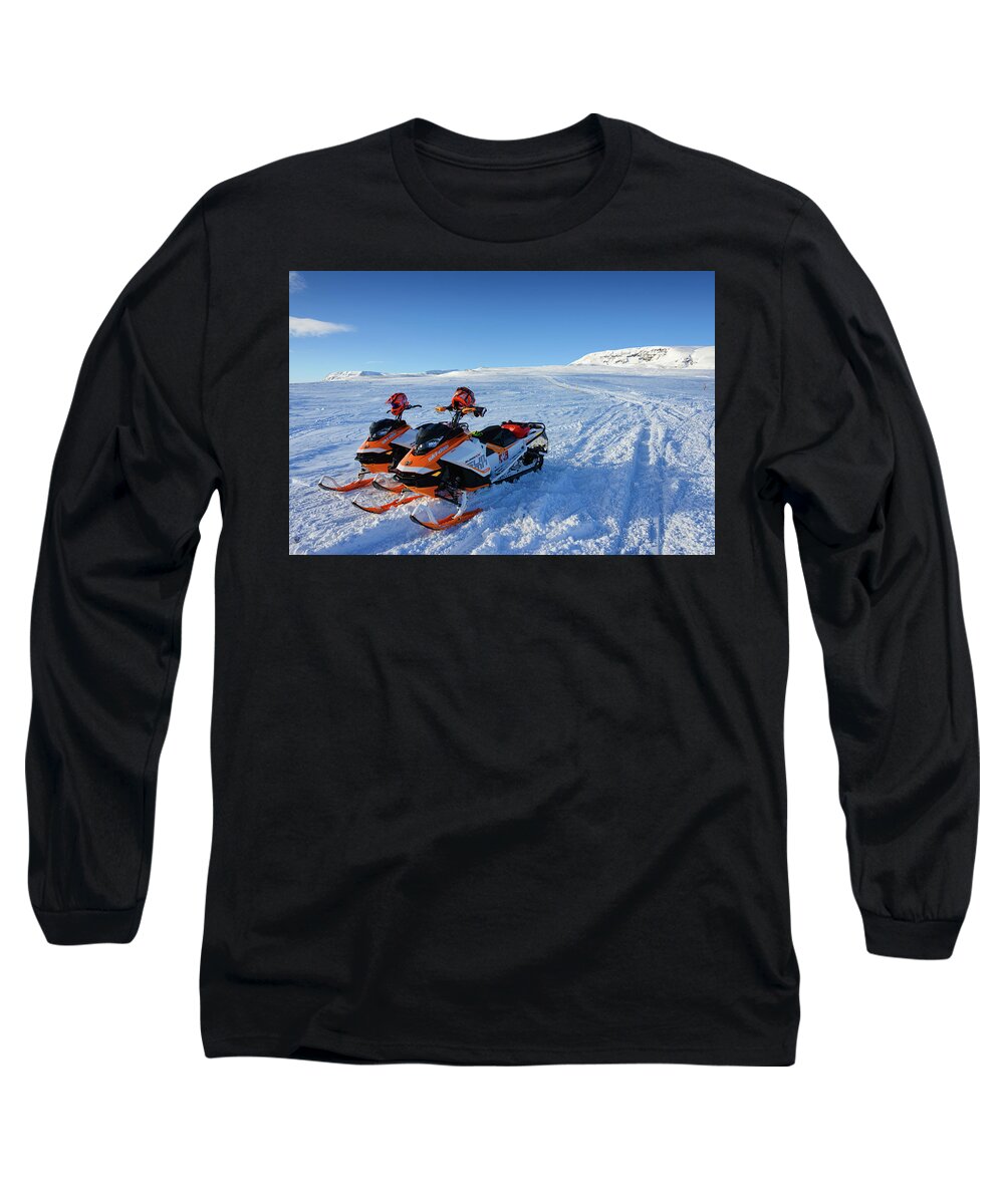 Snowmobile Long Sleeve T-Shirt featuring the photograph Snowmobiles in Iceland in winter by Matthias Hauser