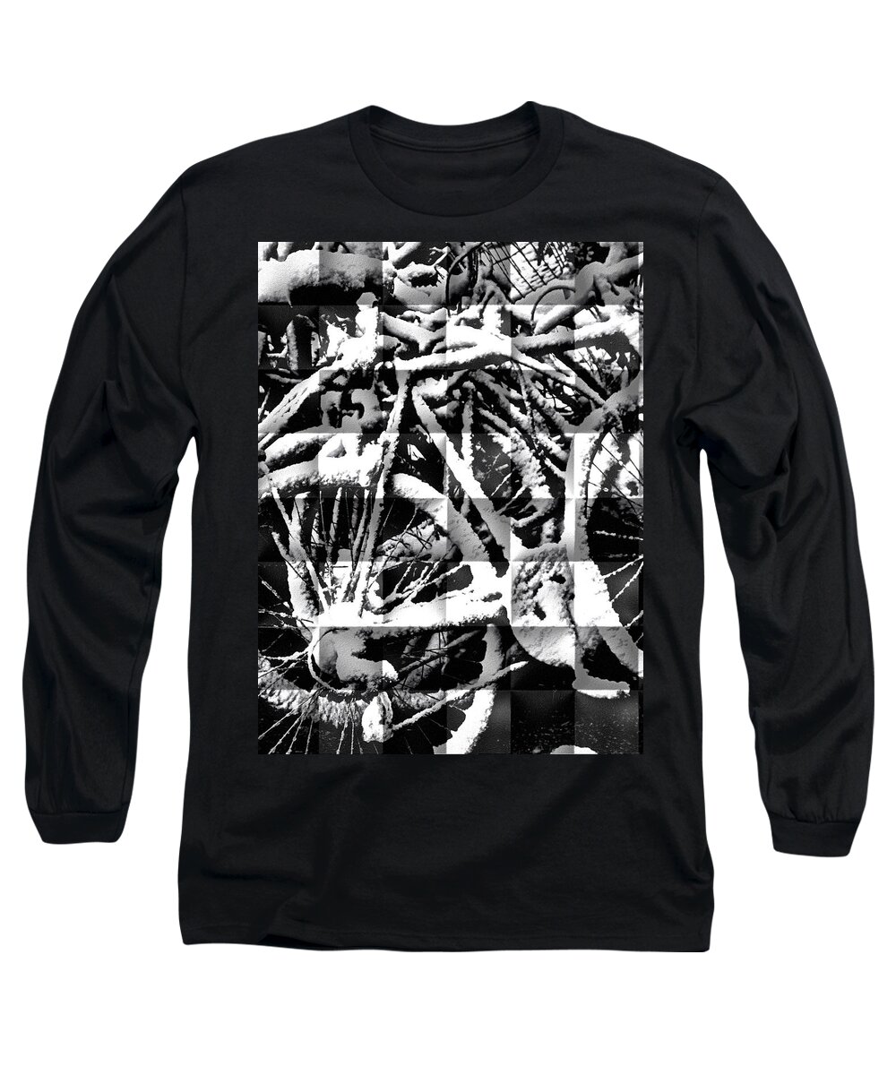 Black And White Photo Of Bikes Covered In Snow. Digitally Enhanced.black Bike Long Sleeve T-Shirt featuring the photograph Snowy Bike by Joan Reese