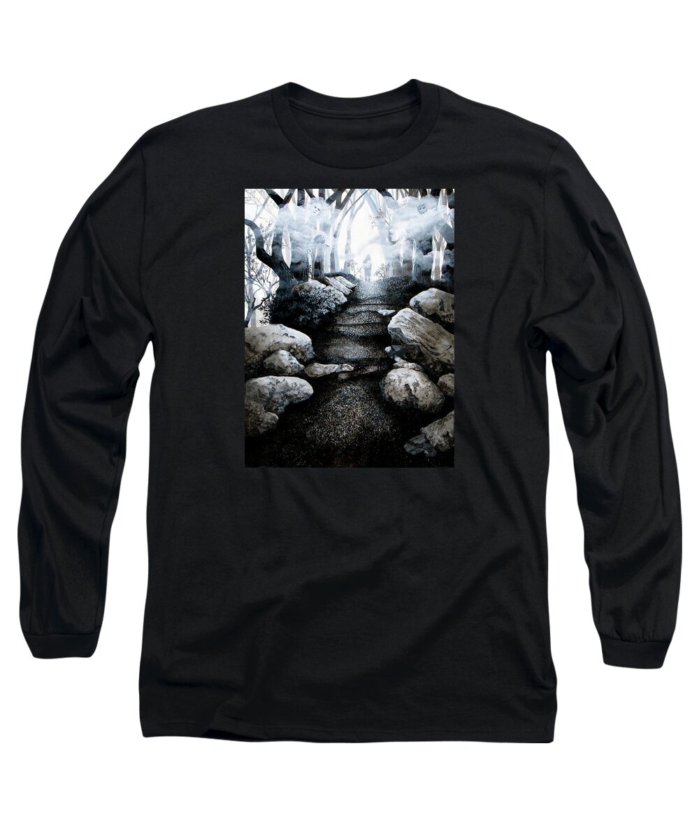 Monochrome Landscape Long Sleeve T-Shirt featuring the painting Soul Journey by Mary Palmer