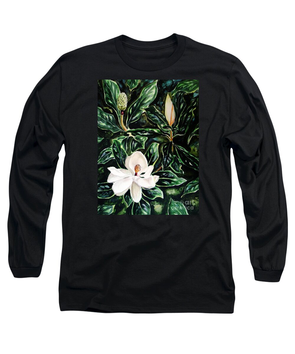 Flower Long Sleeve T-Shirt featuring the painting Southern Magnolia Bud and Bloom by Pat Davidson