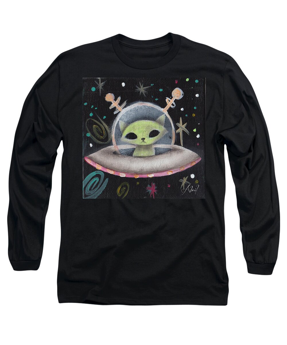 Mid Century Modern Long Sleeve T-Shirt featuring the painting Space Ship Green Cat by Abril Andrade