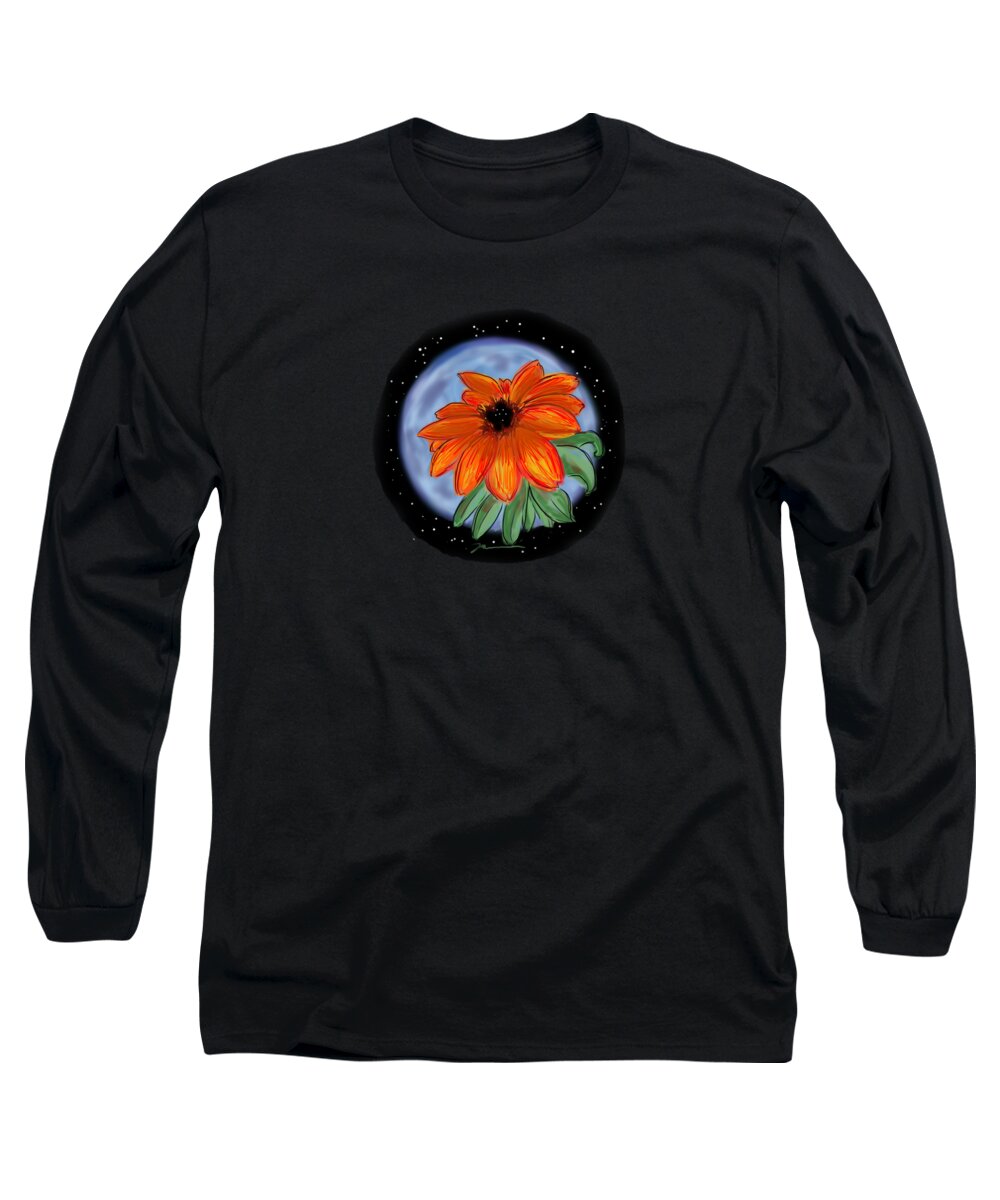 Flower Long Sleeve T-Shirt featuring the painting Space Zinnia on black by Jean Pacheco Ravinski