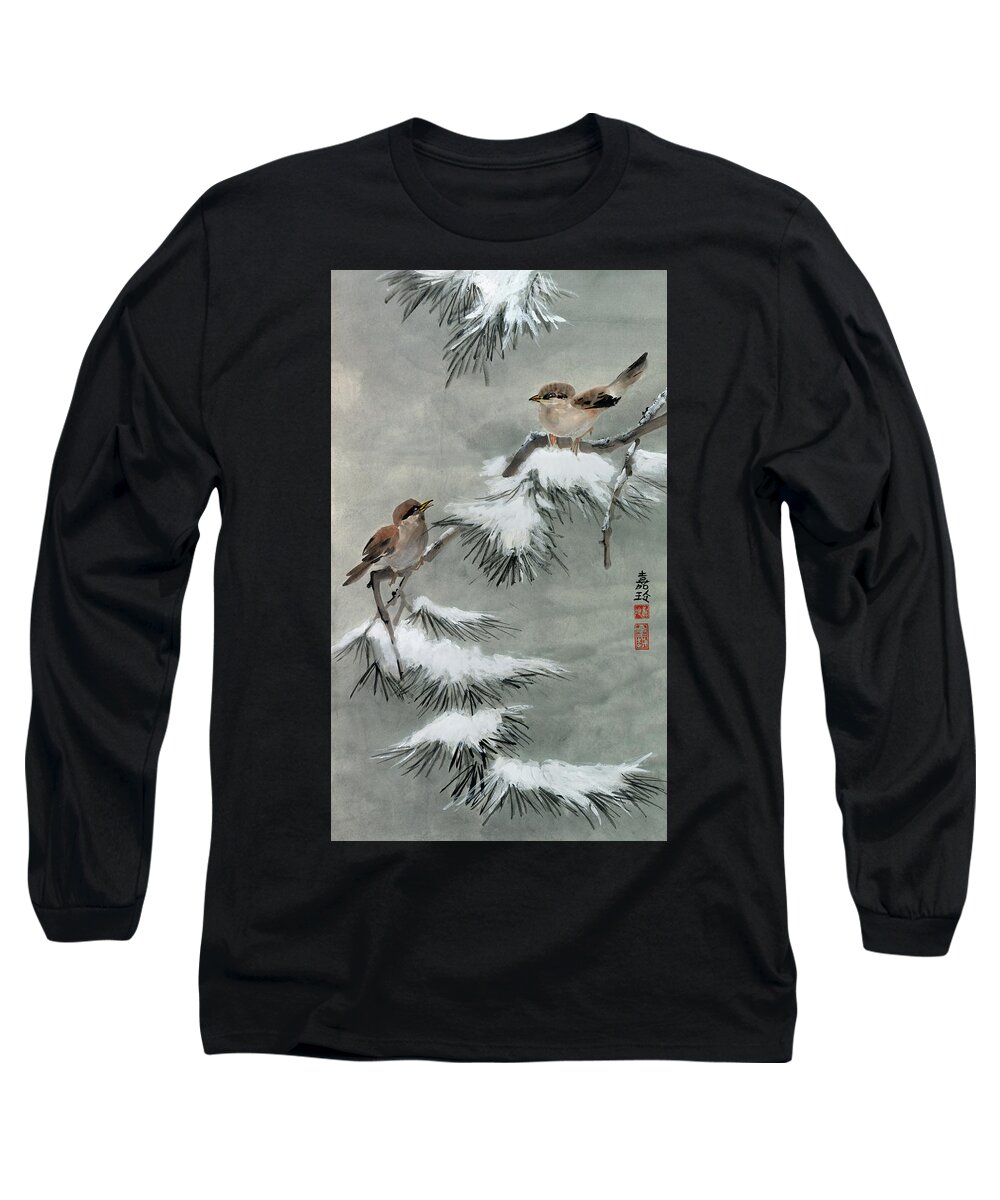 Snow Pine Long Sleeve T-Shirt featuring the painting Sparrows on Snowy Pine by Charlene Fuhrman-Schulz