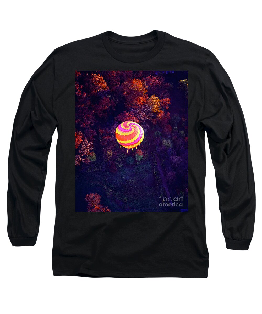 Spiral Long Sleeve T-Shirt featuring the photograph Spiral colored hot air balloon over fall tree tops Mchenry  by Tom Jelen