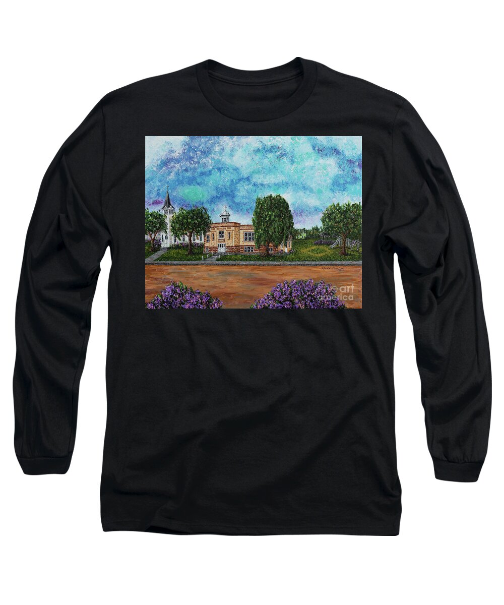 North Dakota Long Sleeve T-Shirt featuring the painting St. Elizabeth's School and Church by Linda Donlin