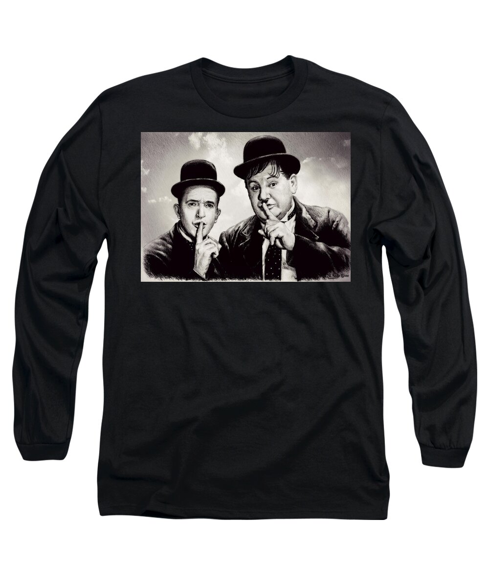 Stan And Ollie Long Sleeve T-Shirt featuring the drawing Stan and Ollie comedy duos by Andrew Read