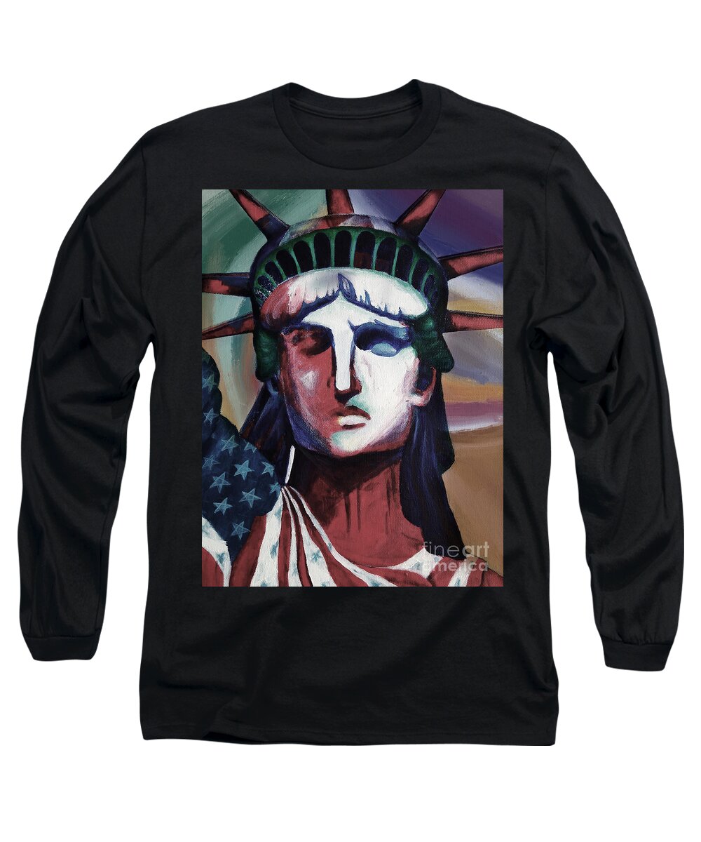 New York Long Sleeve T-Shirt featuring the painting Statue of Liberty HB5T by Gull G