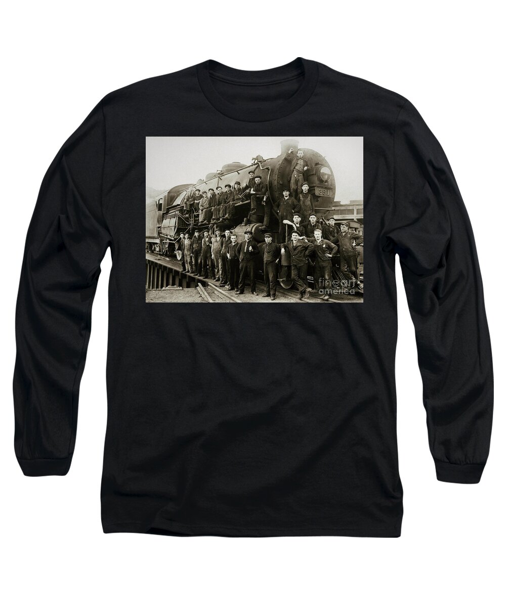 Steam Engine Long Sleeve T-Shirt featuring the photograph Steam Engine 351 on Turntable Coxton Yards Coxton Pennsylvania early 1900s by Arthur Miller