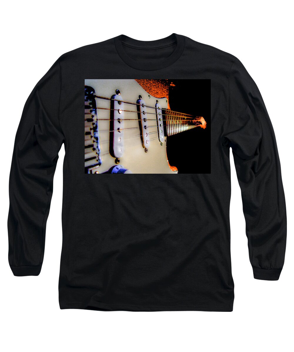Guitar Long Sleeve T-Shirt featuring the digital art Stratocaster Pop Art Tangerine Sparkle Fire Neck Series by Guitarwacky Fine Art