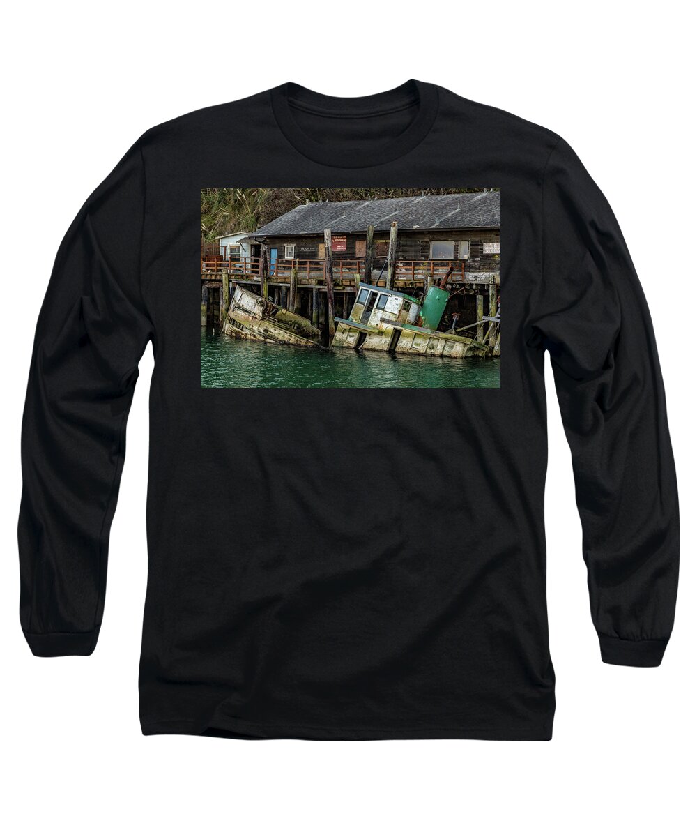 Boat Long Sleeve T-Shirt featuring the photograph Sunken Boat In Noyo Harbor by Bill Gallagher