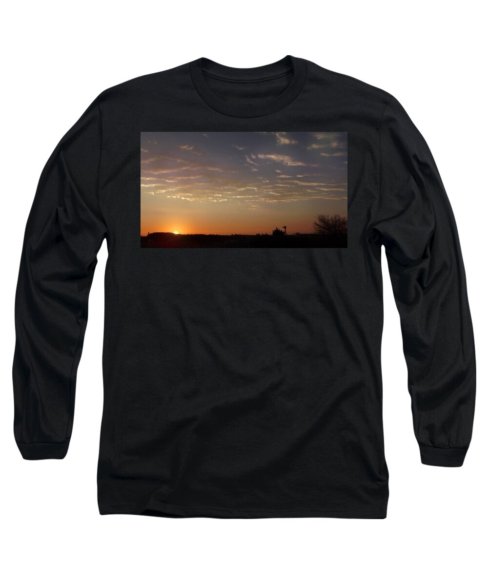 Nature Long Sleeve T-Shirt featuring the mixed media Sunrise with Windmill by Shelli Fitzpatrick