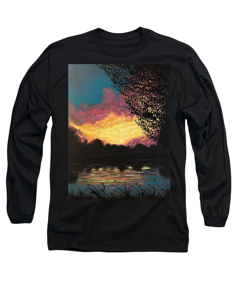 Landscape Photo Of A Sunset Evening Looking From The Other Side Of The Pond. Long Sleeve T-Shirt featuring the painting Sunset at the pond by Willy Proctor