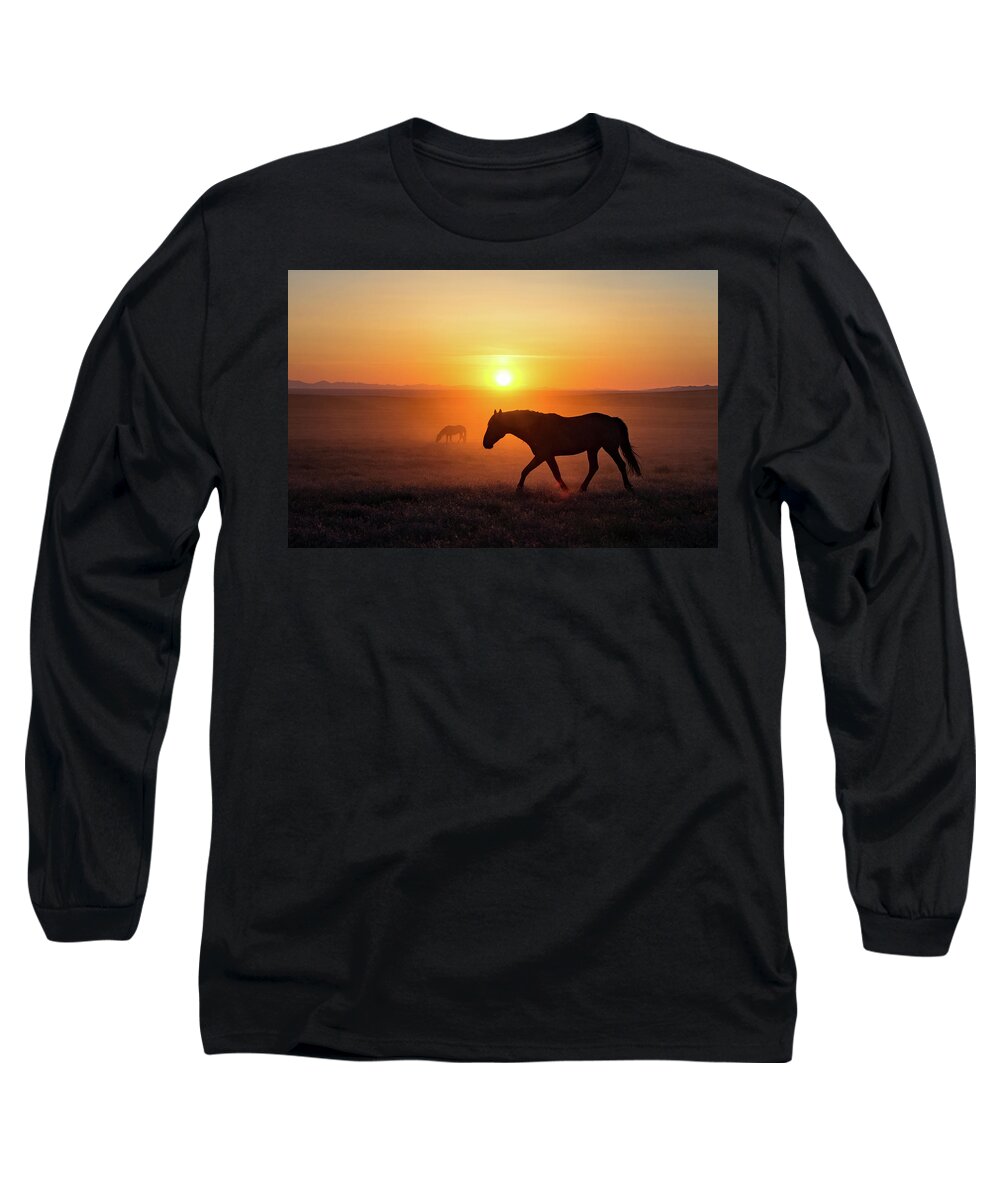 Stallion Wild Onaqui Horses Horse Mustang Sunset Orange Wall Photo Utah Desert Sundown Long Sleeve T-Shirt featuring the photograph Sunset Mustang Stallion by Dirk Johnson