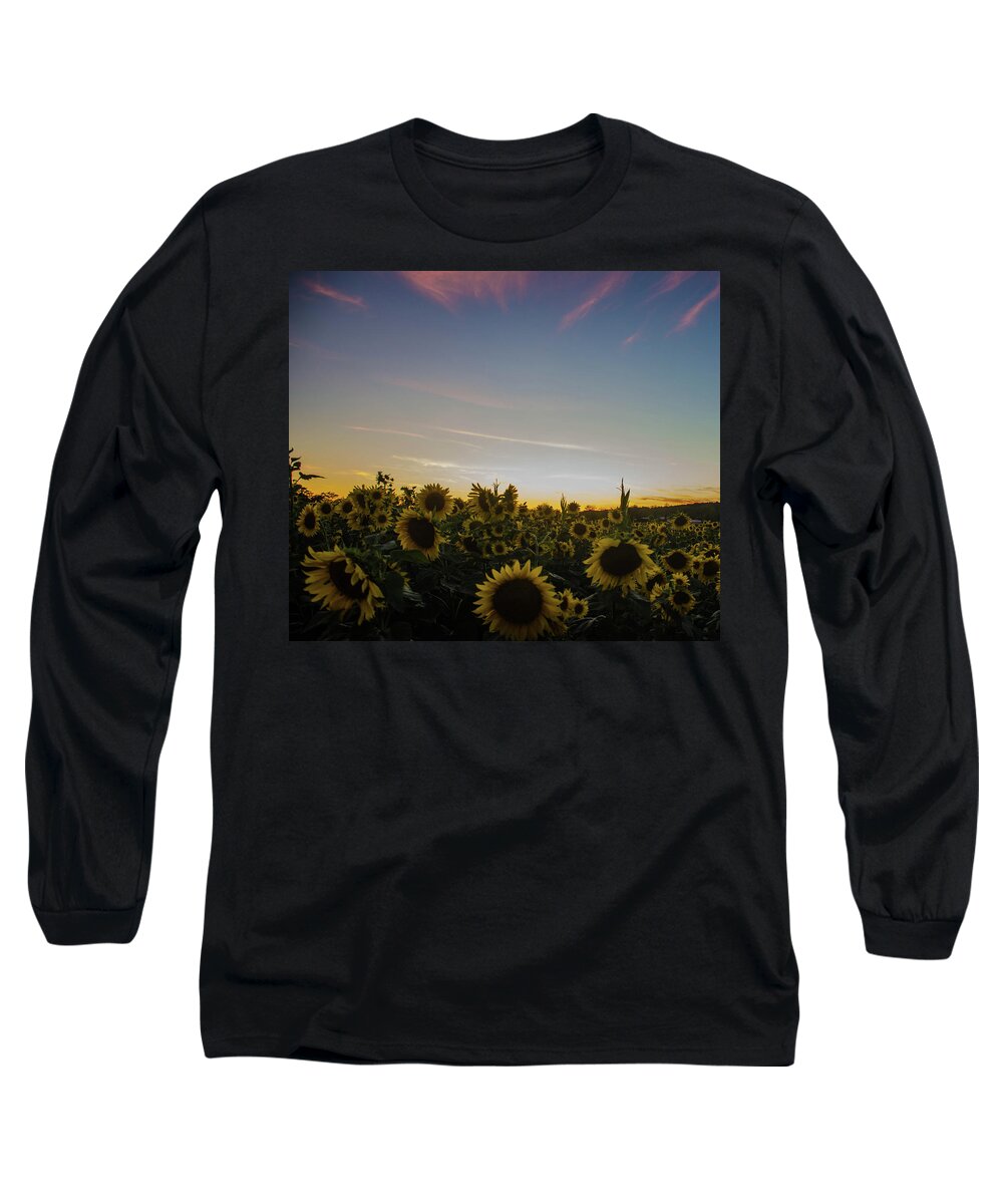 Landscape Long Sleeve T-Shirt featuring the photograph Sunset with Sunflowers at Andersen Farms by GeeLeesa Productions