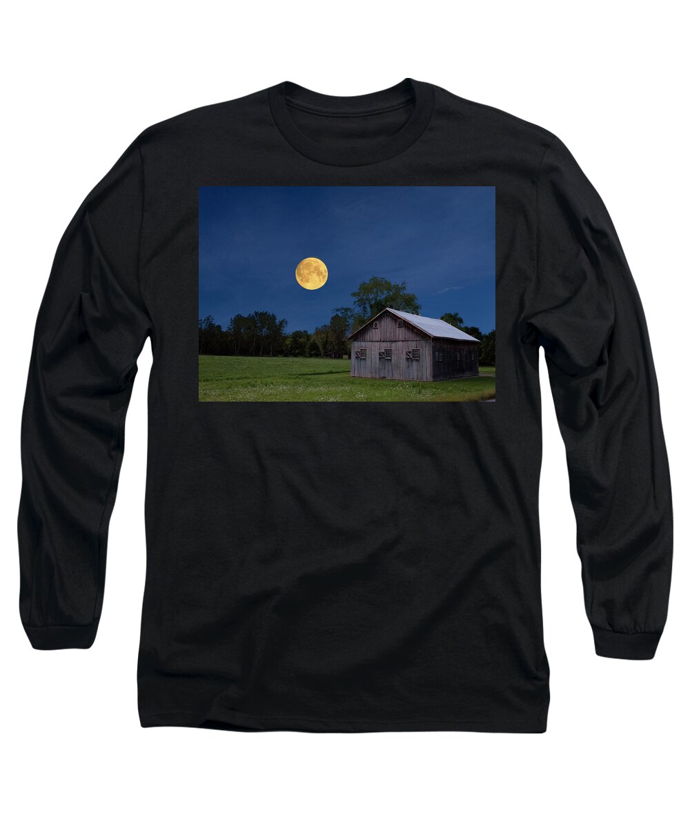 Super Moon Long Sleeve T-Shirt featuring the photograph Super Moon with Barn by Joe Granita