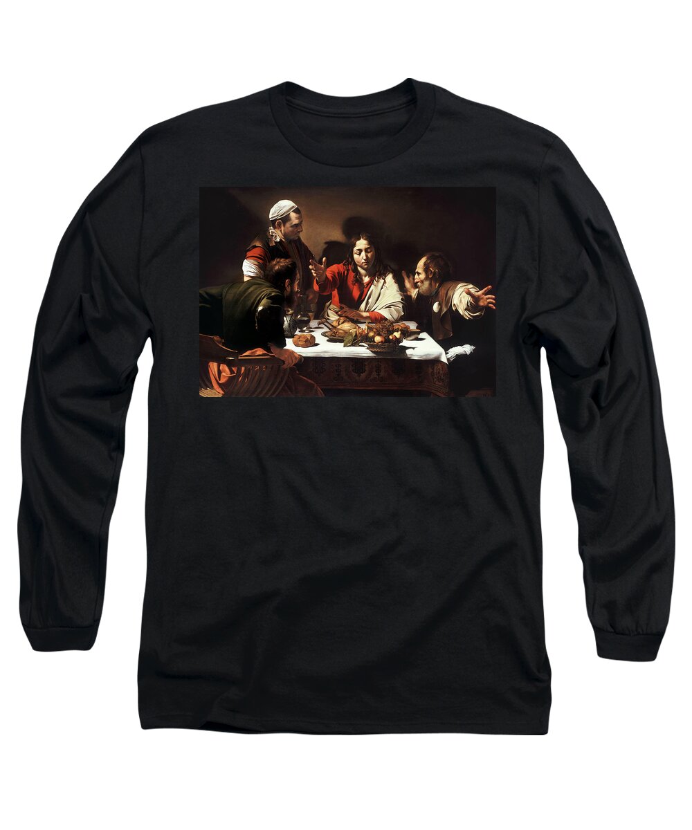 Caravaggio Long Sleeve T-Shirt featuring the painting Supper at Emmaus by Caravaggio
