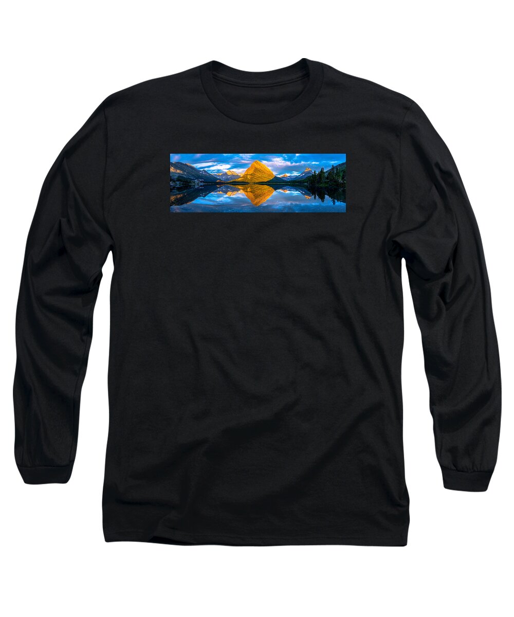 Glacier National Park Long Sleeve T-Shirt featuring the photograph Swiftcurrent Lake Sunrise Panorama by Dustin LeFevre