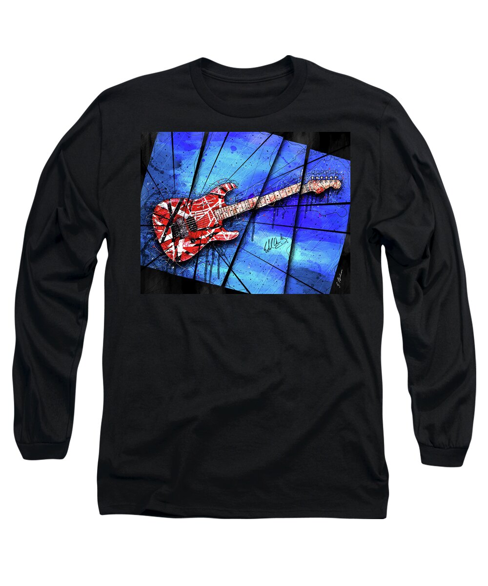 Eddie Van Halen Long Sleeve T-Shirt featuring the digital art The Frankenstrat On Blue I by Gary Bodnar
