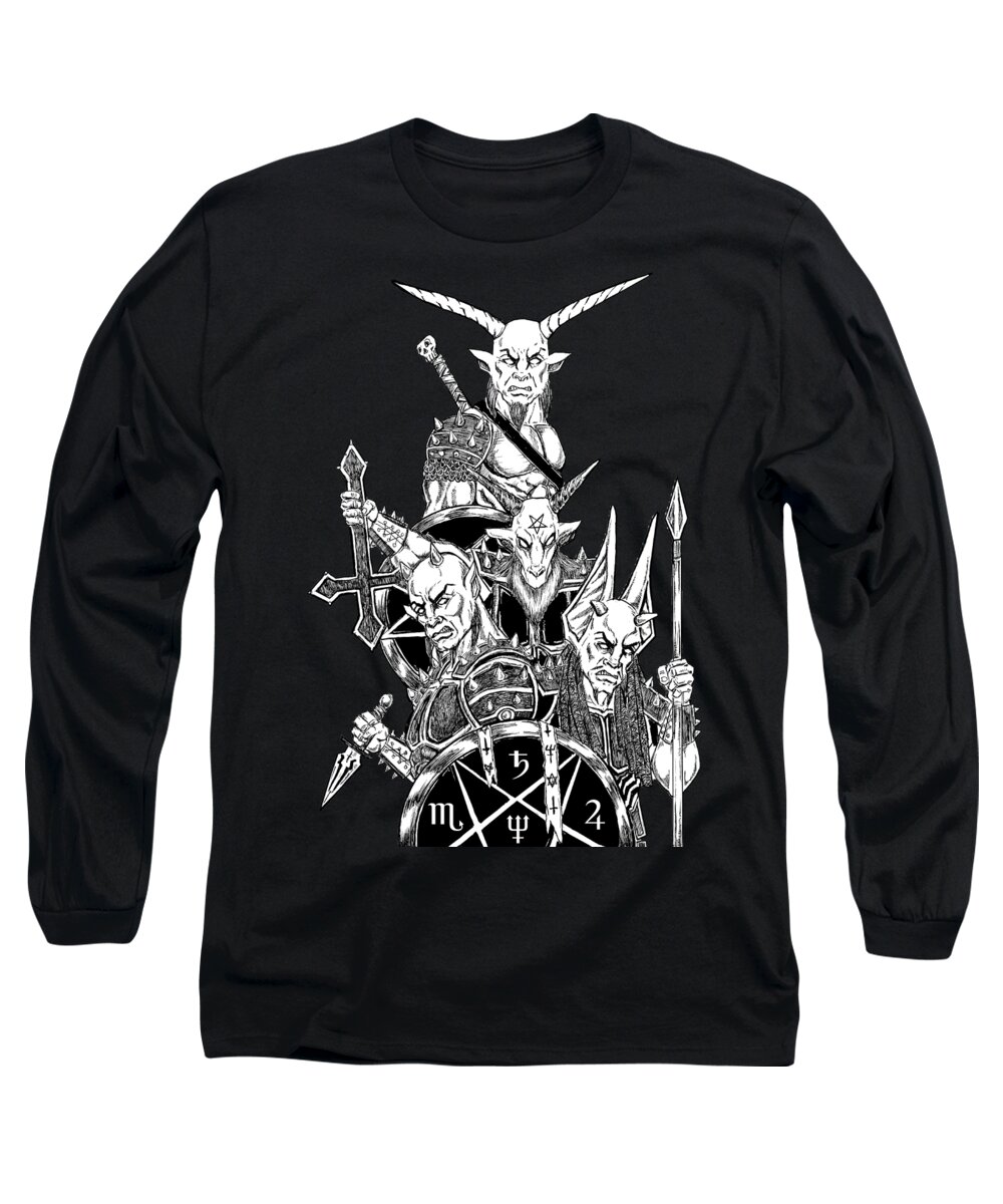 Baphomet Long Sleeve T-Shirt featuring the drawing The Infernal Army Black Version by Alaric Barca