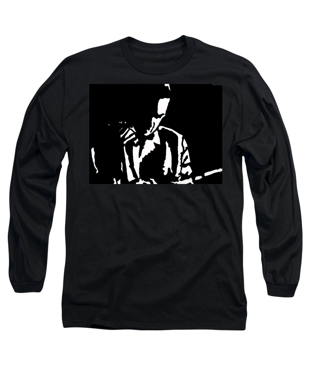 Jazz Player Prints Long Sleeve T-Shirt featuring the drawing The Lonely Jazz Player by Robert Margetts