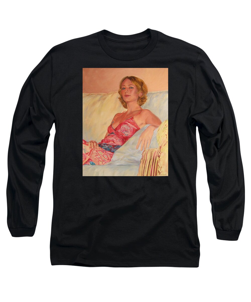 Portrait Long Sleeve T-Shirt featuring the painting The Queen at Her Ease by Connie Schaertl