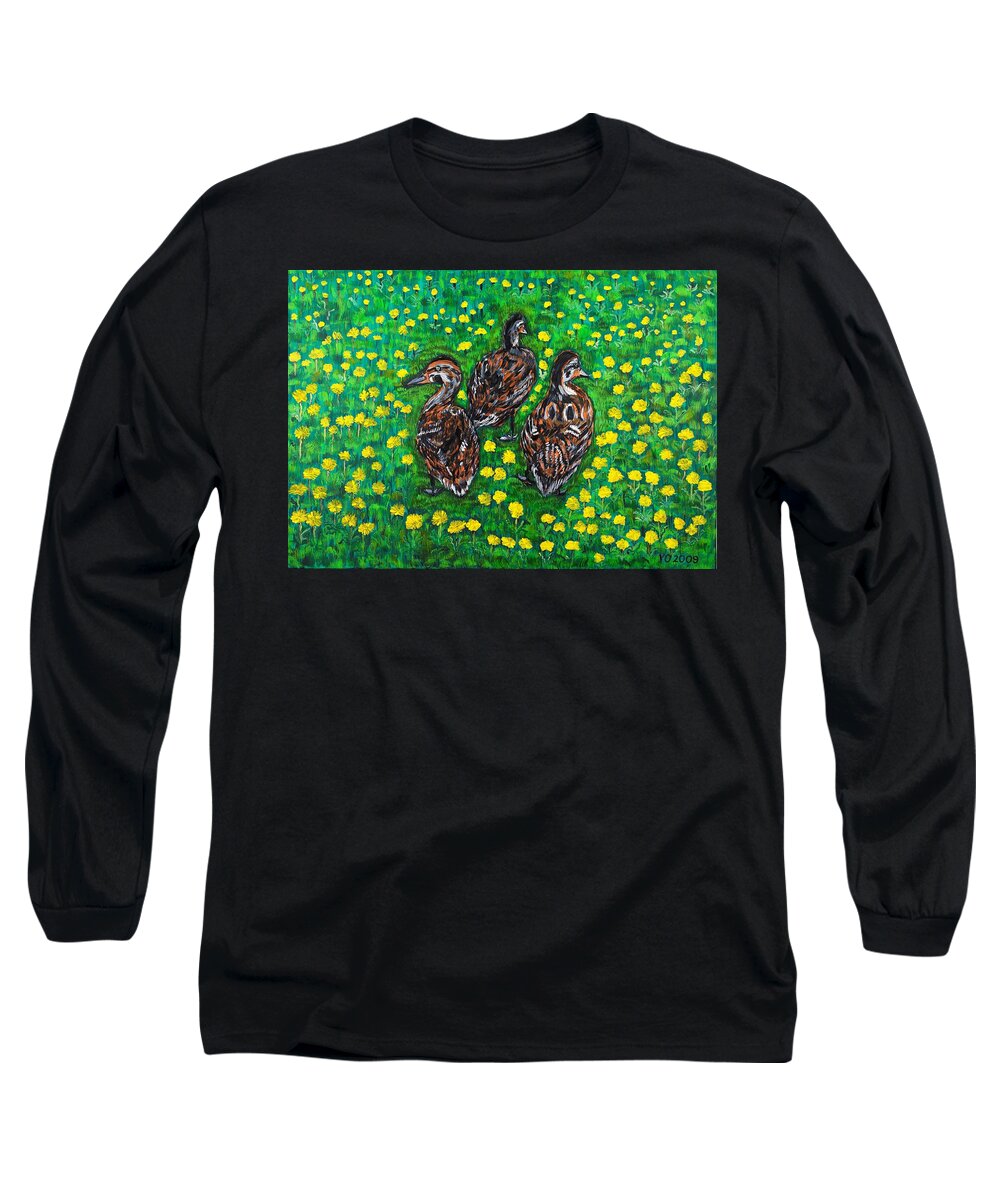 Bird Long Sleeve T-Shirt featuring the painting Three Ducklings by Valerie Ornstein