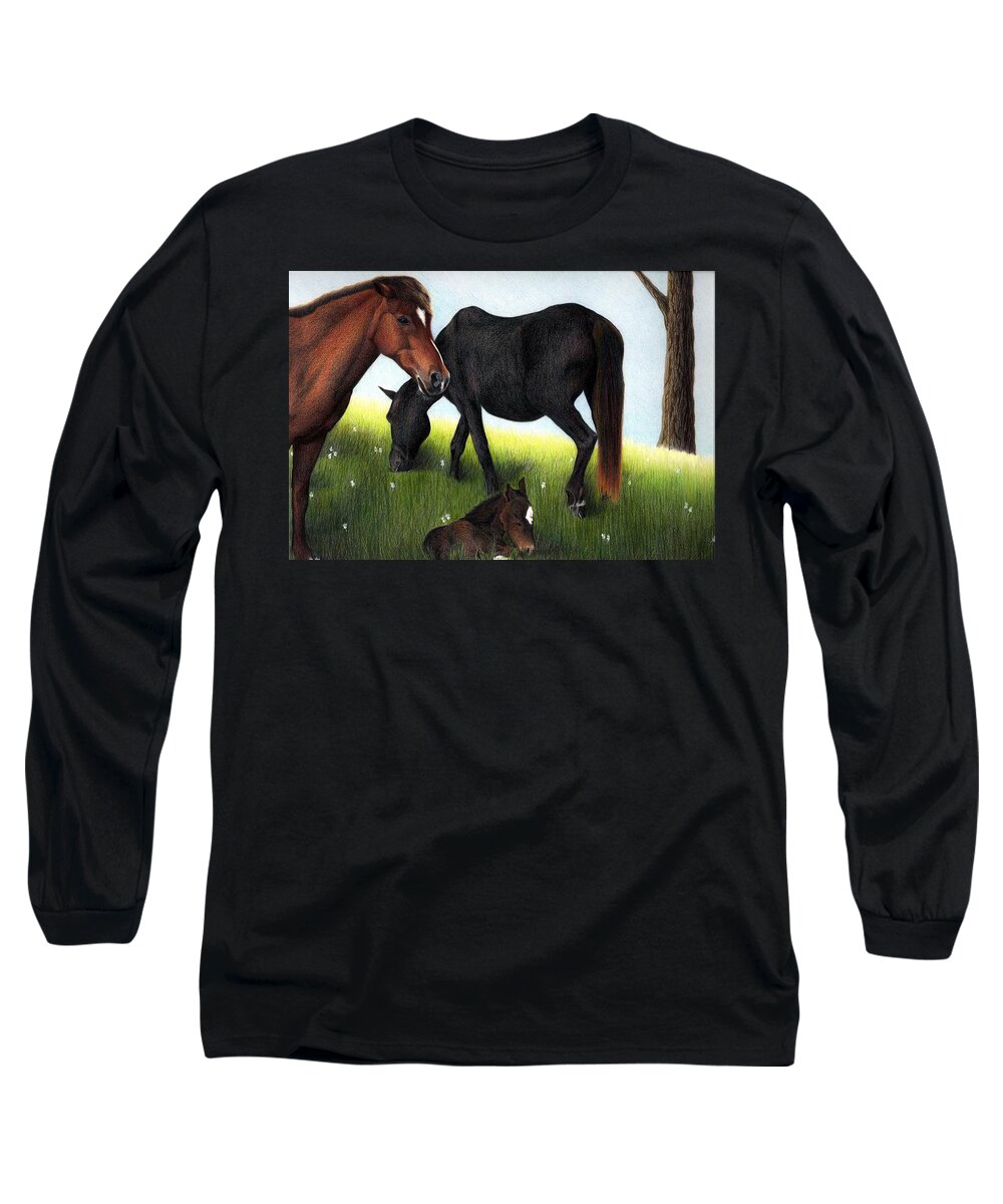Horses Long Sleeve T-Shirt featuring the drawing Three Horses by Danielle R T Haney