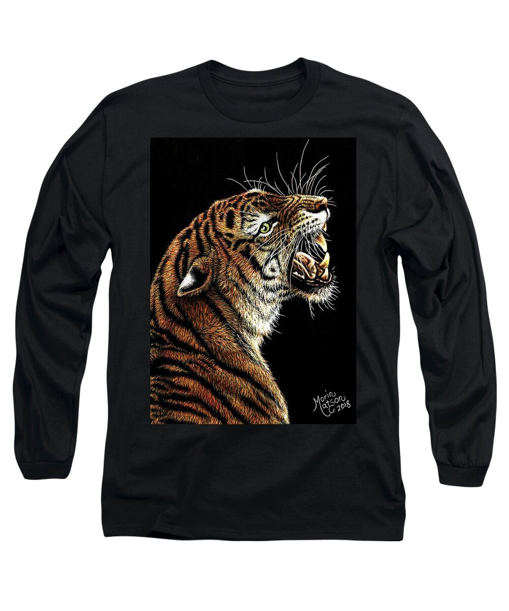 Tiger Long Sleeve T-Shirt featuring the drawing Tiger by Monique Morin Matson