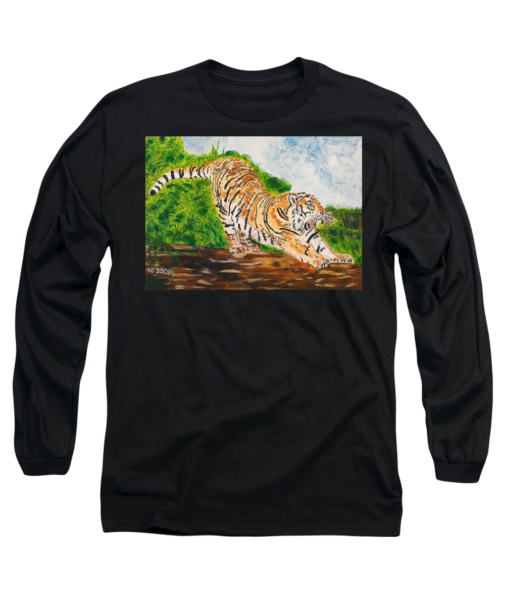 Cat Long Sleeve T-Shirt featuring the painting Tiger Stretching by Valerie Ornstein