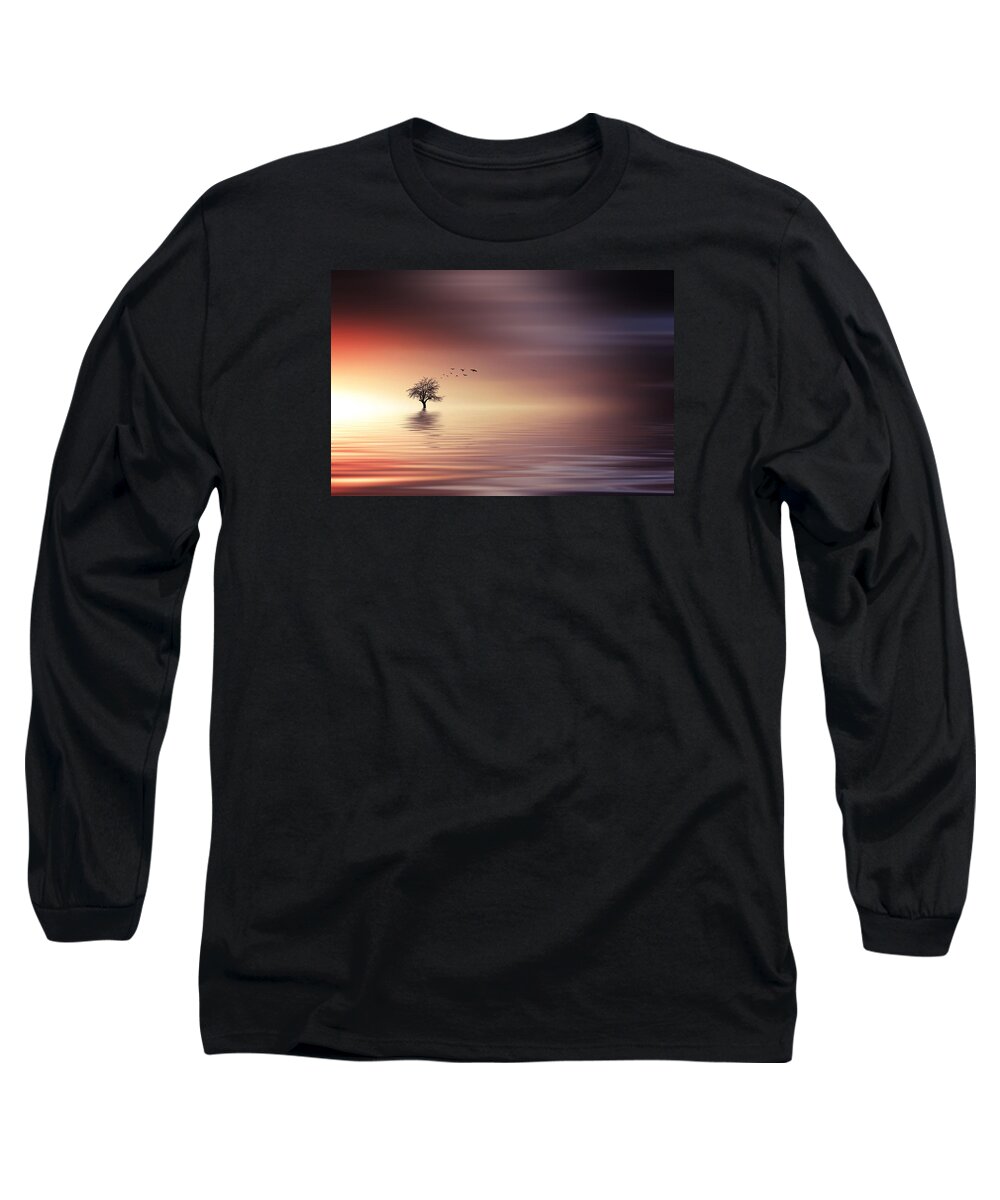 Sunlight Long Sleeve T-Shirt featuring the photograph Tree and birds on lake sunset by Bess Hamiti