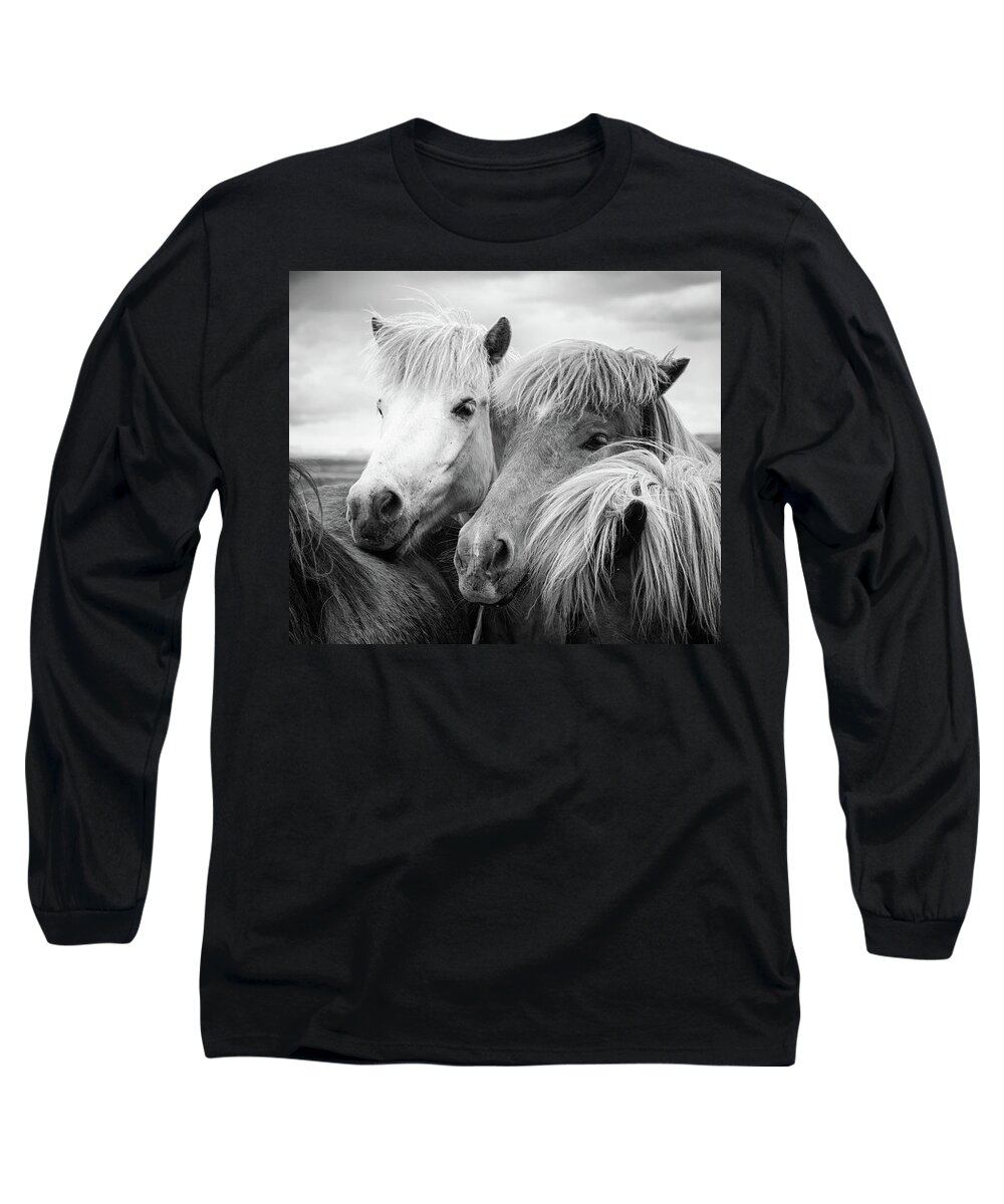 Horses Long Sleeve T-Shirt featuring the photograph Two icelandic horses black and white by Matthias Hauser