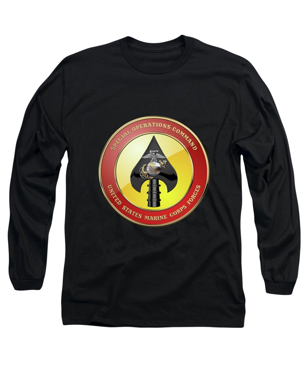 'military Insignia & Heraldry' Collection By Serge Averbukh Long Sleeve T-Shirt featuring the digital art U S M C Forces Special Operations Command - M A R S O C Seal over Black Velvet by Serge Averbukh