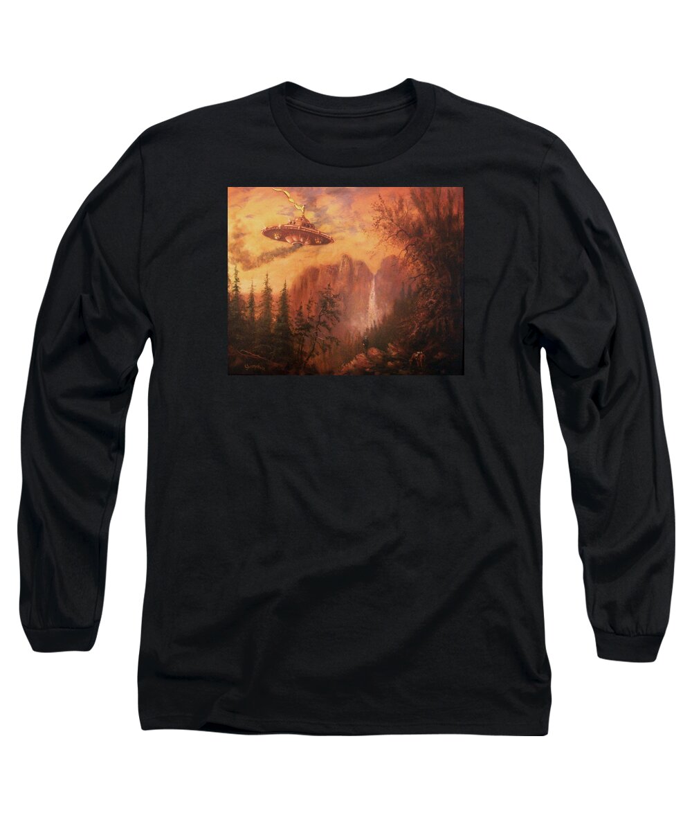 Landscape Long Sleeve T-Shirt featuring the painting UFO Sighting by Tom Shropshire