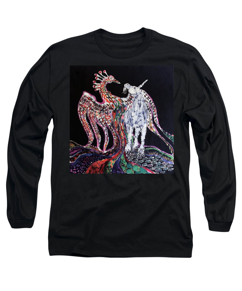 Unicorn Long Sleeve T-Shirt featuring the tapestry - textile Unicorn and Phoenix Merge Paths by Carol Law Conklin