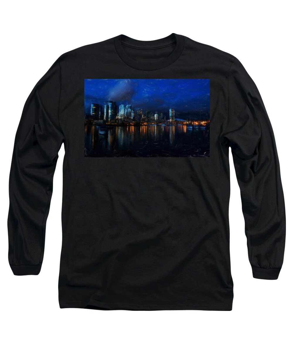 Landscape Long Sleeve T-Shirt featuring the painting Vancouver at Dusk by Dean Wittle