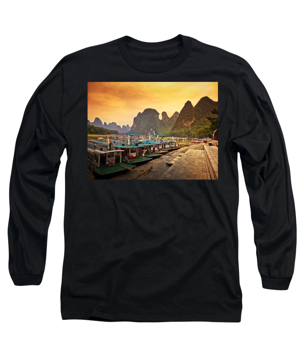 Boat Long Sleeve T-Shirt featuring the photograph Waiting for the dockside boat-China Guilin scenery Lijiang River in Yangshuo by Artto Pan