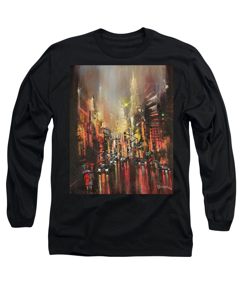 City Rain Long Sleeve T-Shirt featuring the painting Wet Streets by Tom Shropshire