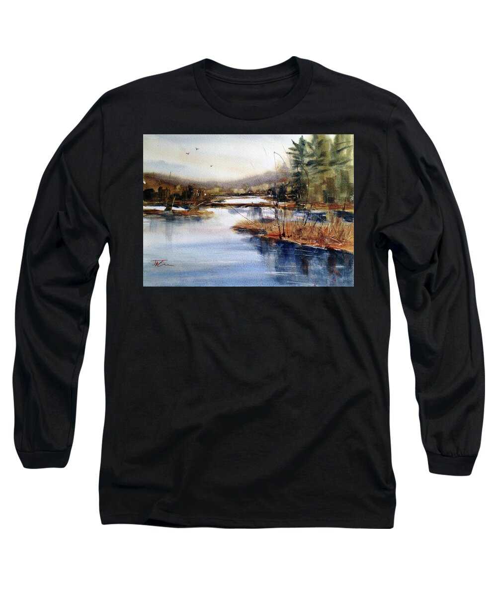Watercolor Long Sleeve T-Shirt featuring the painting Where Peaceful Waters Flow by Judith Levins