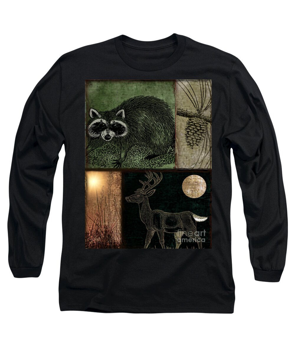Wildlife Long Sleeve T-Shirt featuring the painting Wild Racoon and Deer Patchwork by Mindy Sommers