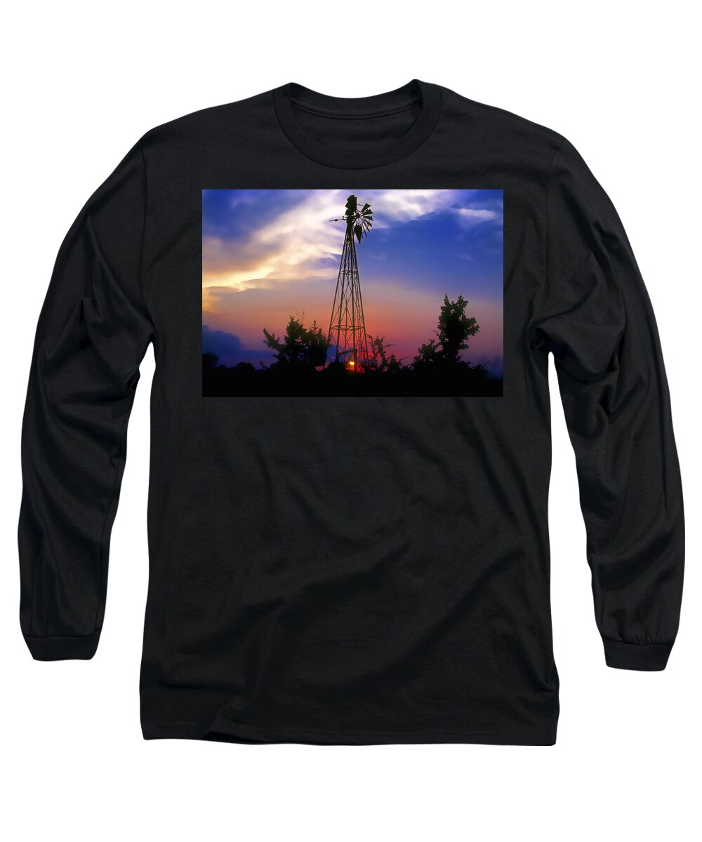 Windmill Long Sleeve T-Shirt featuring the photograph Windmill at Sunset by Stephen Anderson