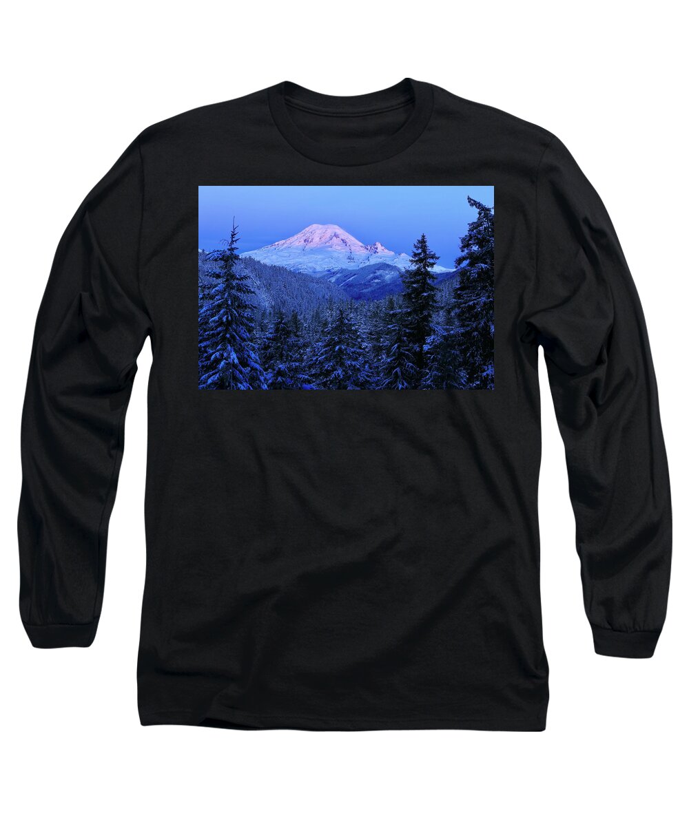 Winter Morning With Mount Rainier Long Sleeve T-Shirt featuring the photograph Winter morning with Mount Rainier by Lynn Hopwood