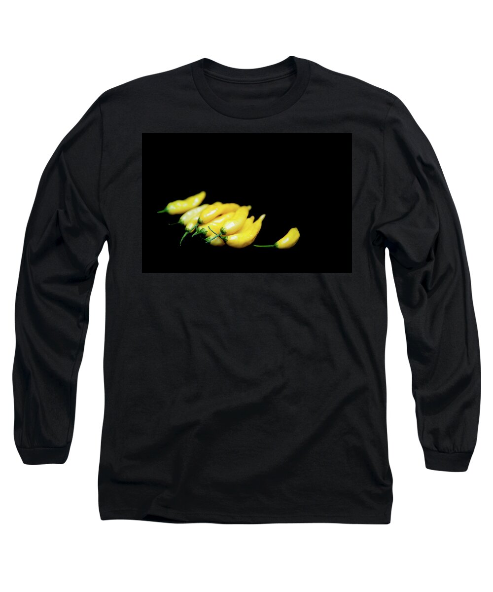 Chilies Long Sleeve T-Shirt featuring the photograph Yellow Chillies on a Black Background by Helen Jackson