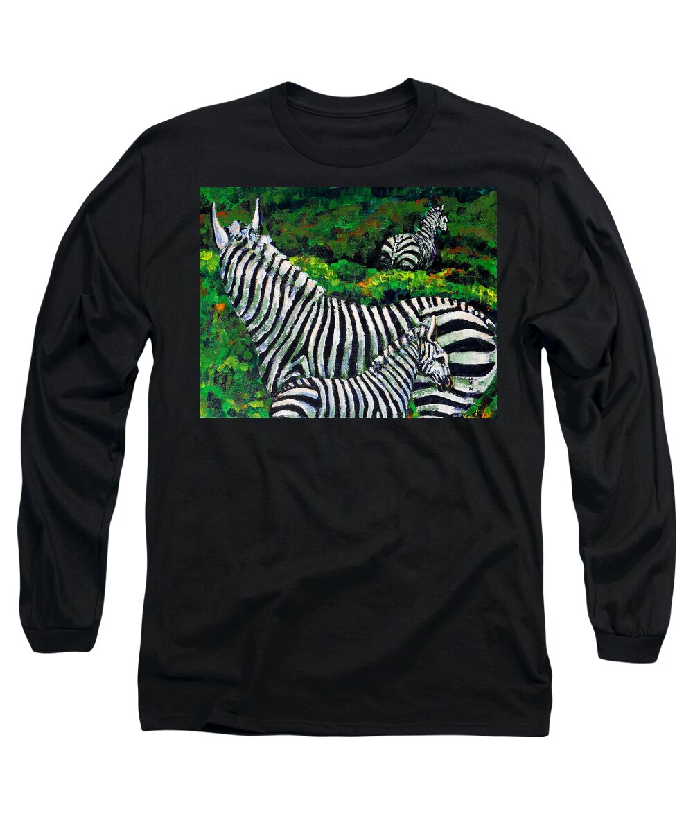 Nature Long Sleeve T-Shirt featuring the painting Zebra Family by Shirley Heyn