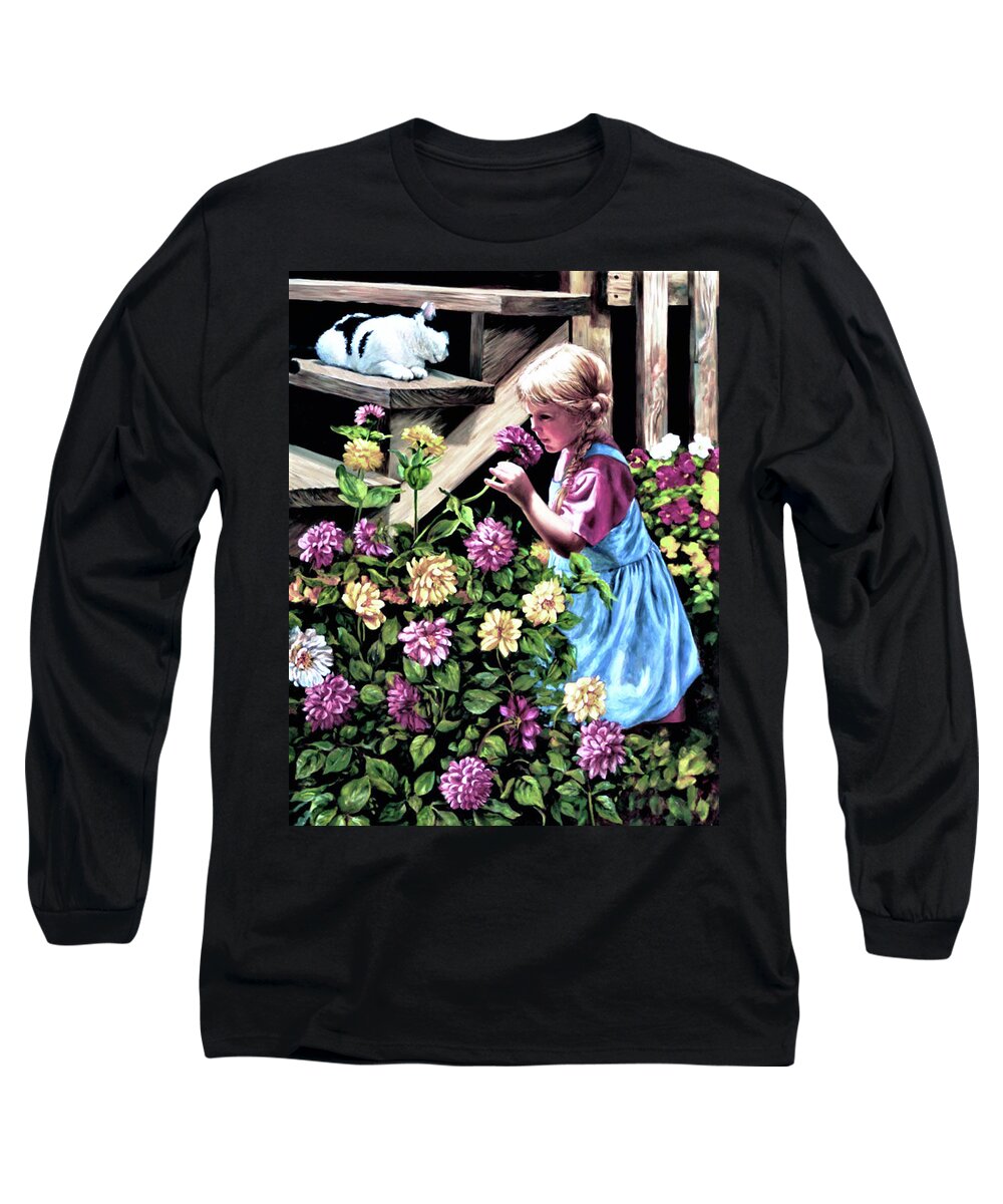 Zinnias Long Sleeve T-Shirt featuring the painting Zinnias and Elizabeth by Marie Witte