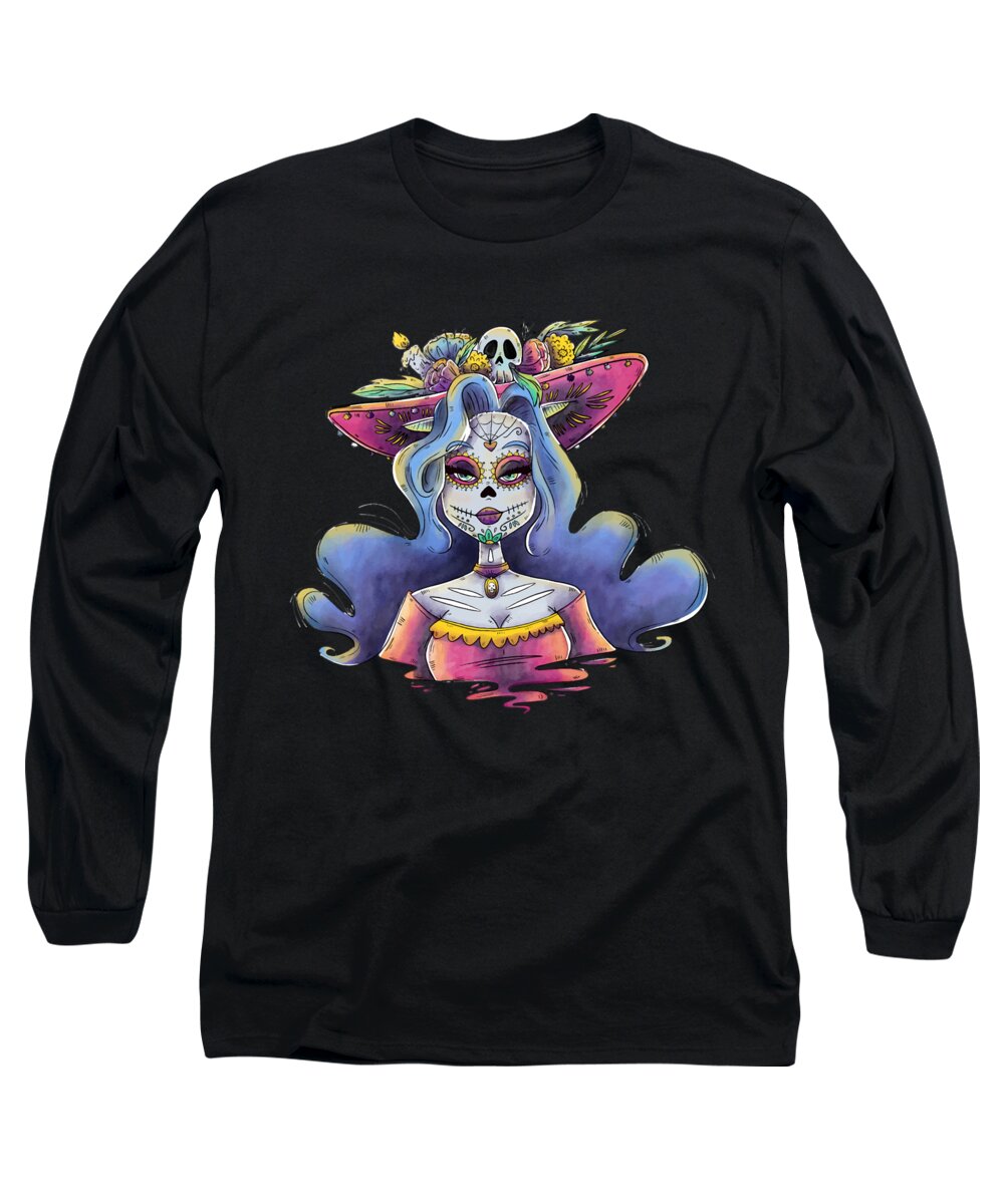 Cool Long Sleeve T-Shirt featuring the digital art Day Of The Dead La Calavera Catrina #1 by Flippin Sweet Gear