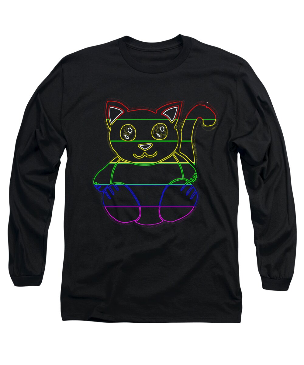 Cat Long Sleeve T-Shirt featuring the digital art Rainbow Neon Cat Outline #2 by Lin Watchorn