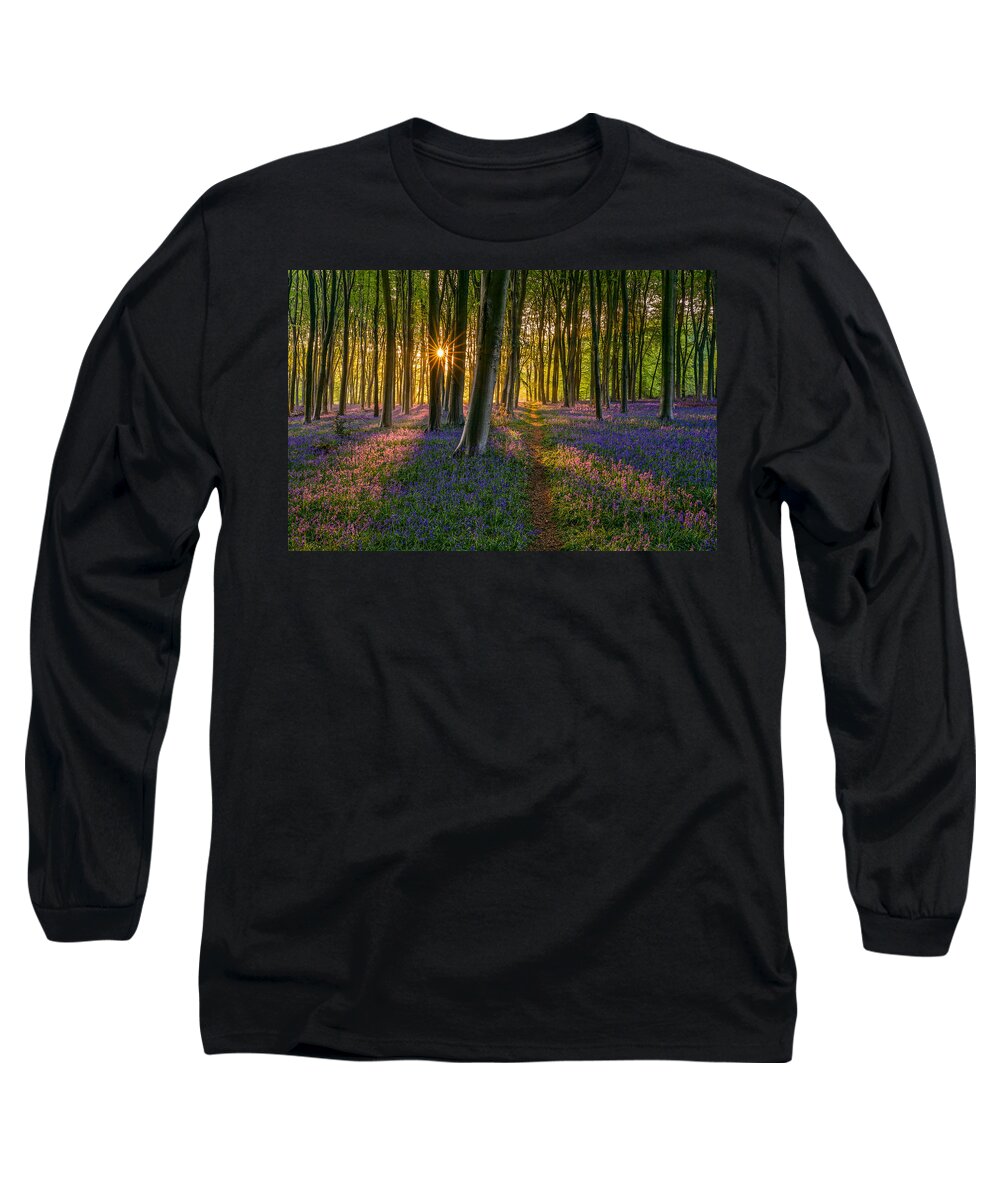 English Long Sleeve T-Shirt featuring the photograph A beautiful sunrise between bluebells in Micheldever forest, England. #2 by George Afostovremea