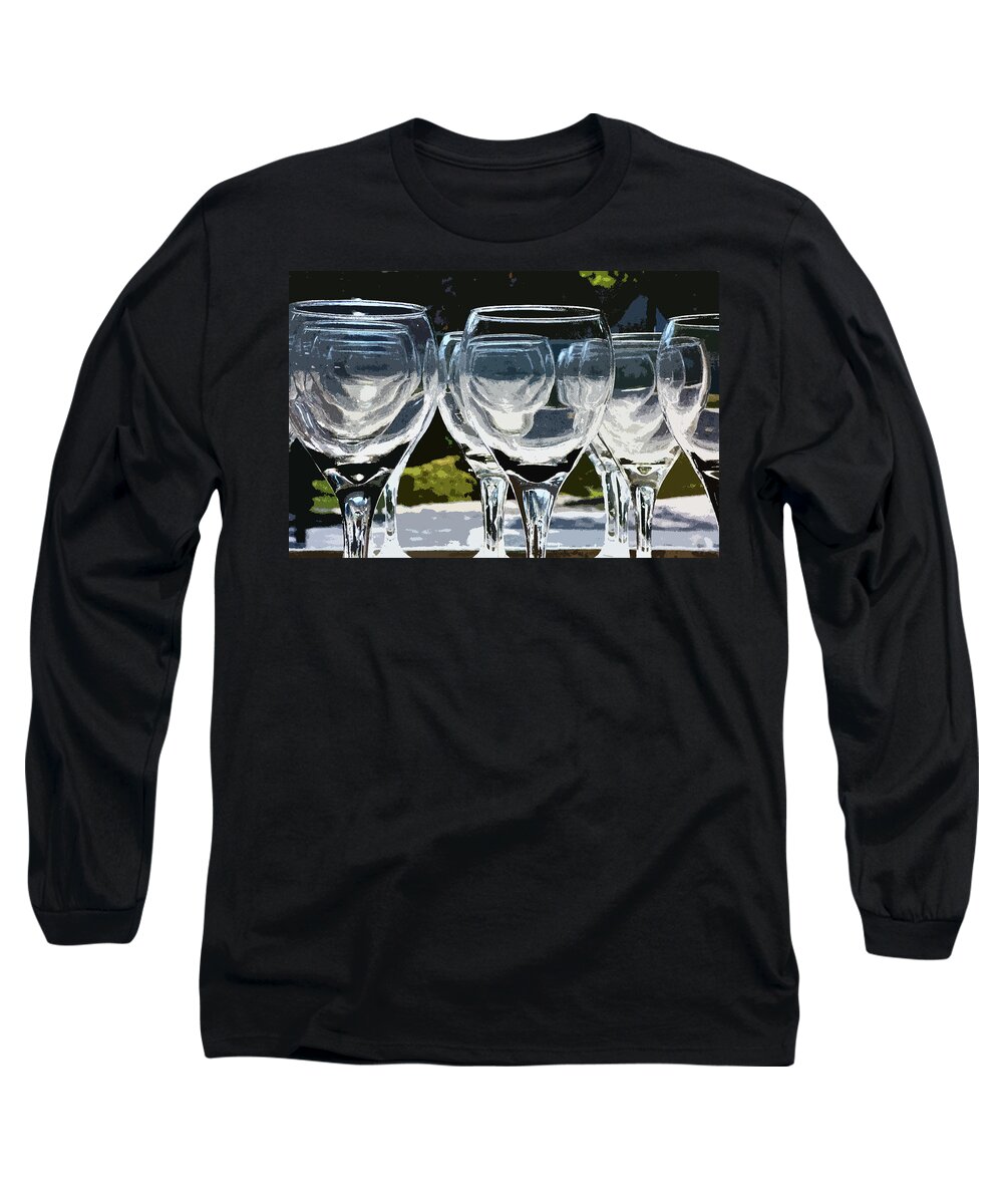Still Life Long Sleeve T-Shirt featuring the mixed media Abstract Clear Stemware Photo Painting by Sharon Williams Eng